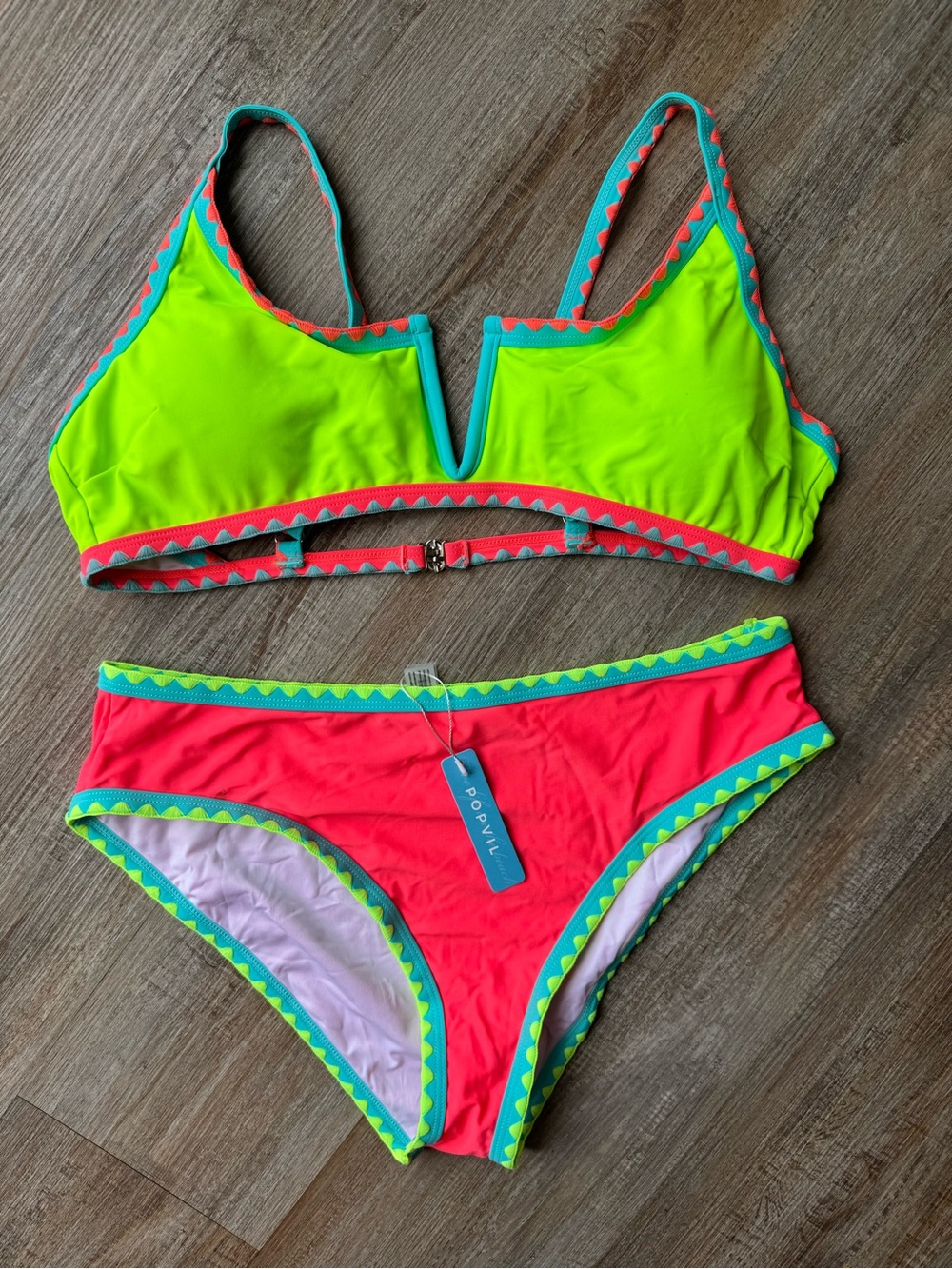 XXL- Popvil Neon V-Notch Bikini Set - Lime Green & Coral Pink